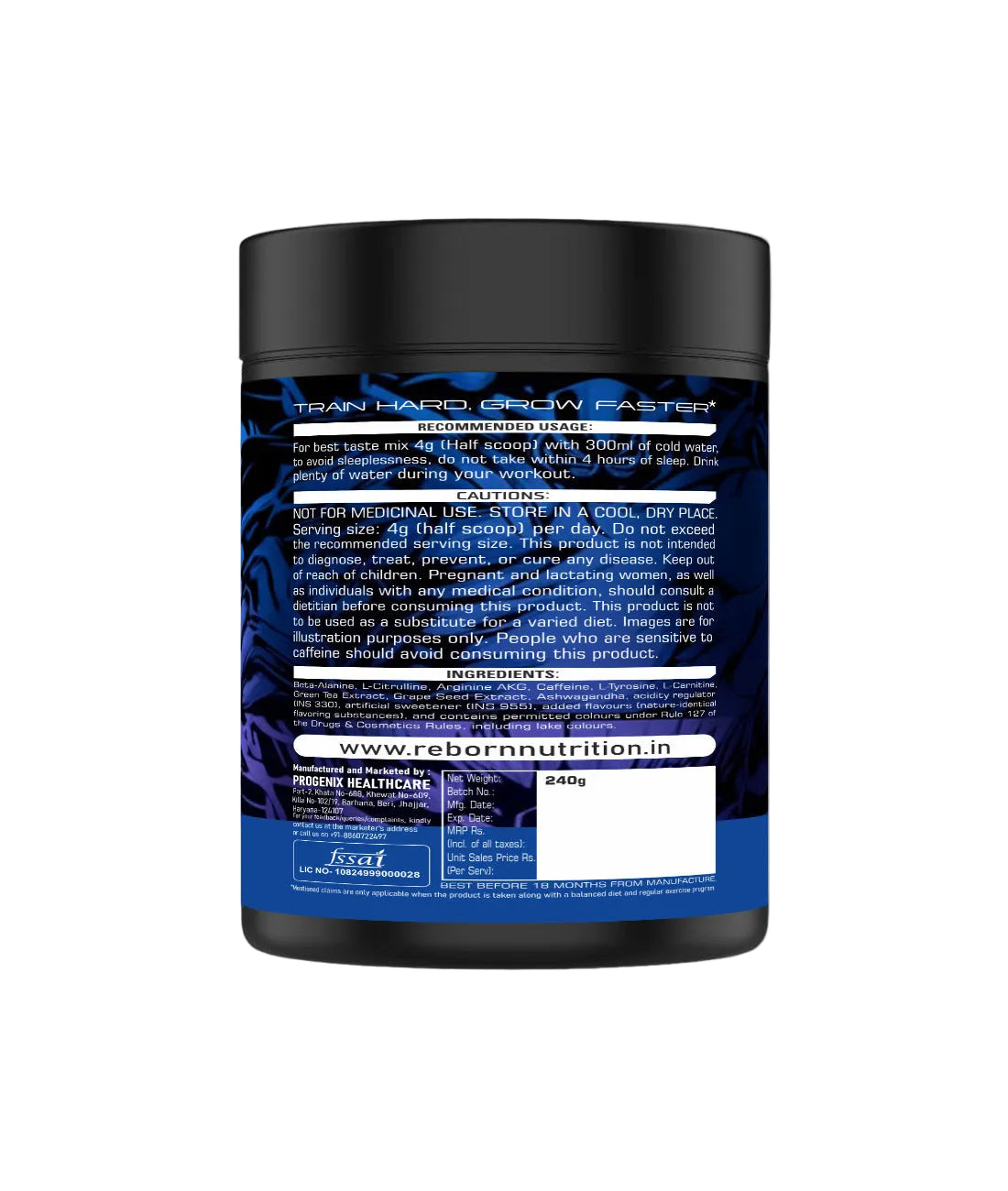 REBORN NUTRITION NUTRACEUTICALS ULTRA CONCENTRATED PRE-WORKOUT BOOSTER, 60 SERVINGS
