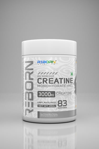 Reborn Nutrition Micronised Creatine Monohydrate + HCL – 3000 mg, Unflavoured, 250 g (83 Servings)