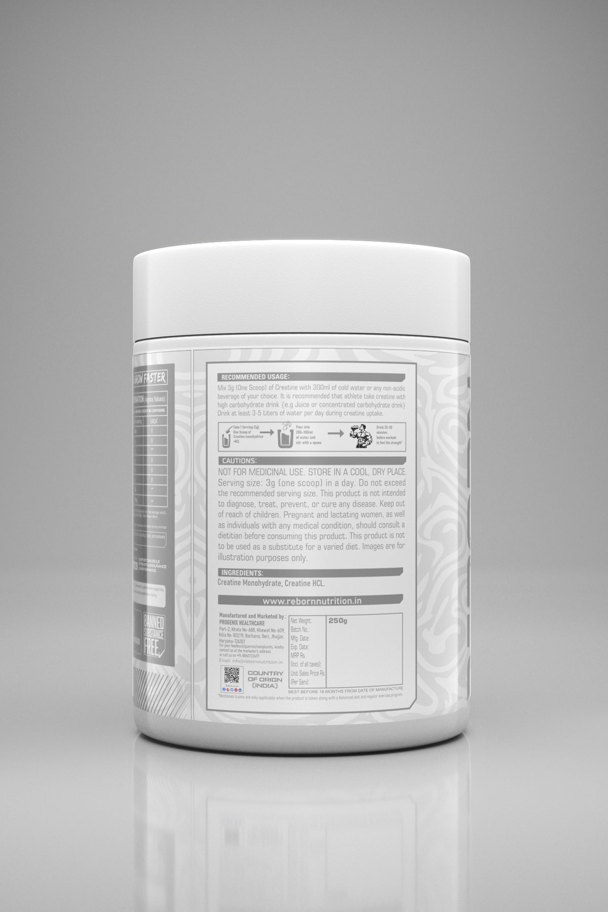 Reborn Nutrition Micronised Creatine Monohydrate + HCL – 3000 mg, Unflavoured, 250 g (83 Servings)